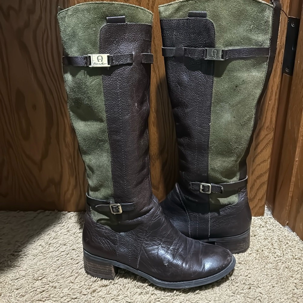 Etienne Aigner Colton Boots Tall Green Suede Brown Leather Equestrian Womens 7